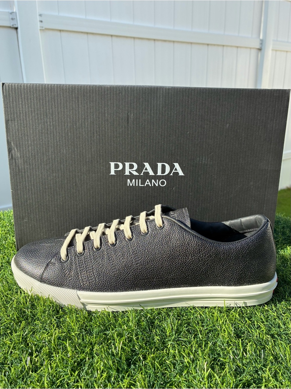 PRADA AGED-EFFECT BLACK PEBBLED LEATHER LOW-TOP SNEAKERS LOGO SZ US 11 UK 10 NEW - Picture 6 of 16
